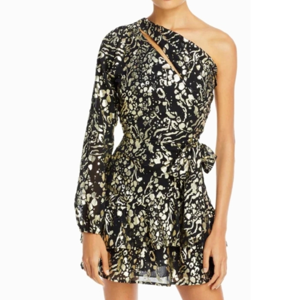 🔥Aqua Cut-Out One Shoulder Blouson Sleeve Gold Metallic Mini Dress